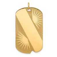 Gold rectangular dog tag pendant with radiating line etchings on the corners and a smooth polished center panel, suspended from a small bail loop.
