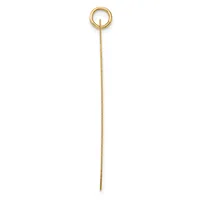 A long gold cocktail pick with a small loop at the top and a pointed end, displayed vertically against a white background.
