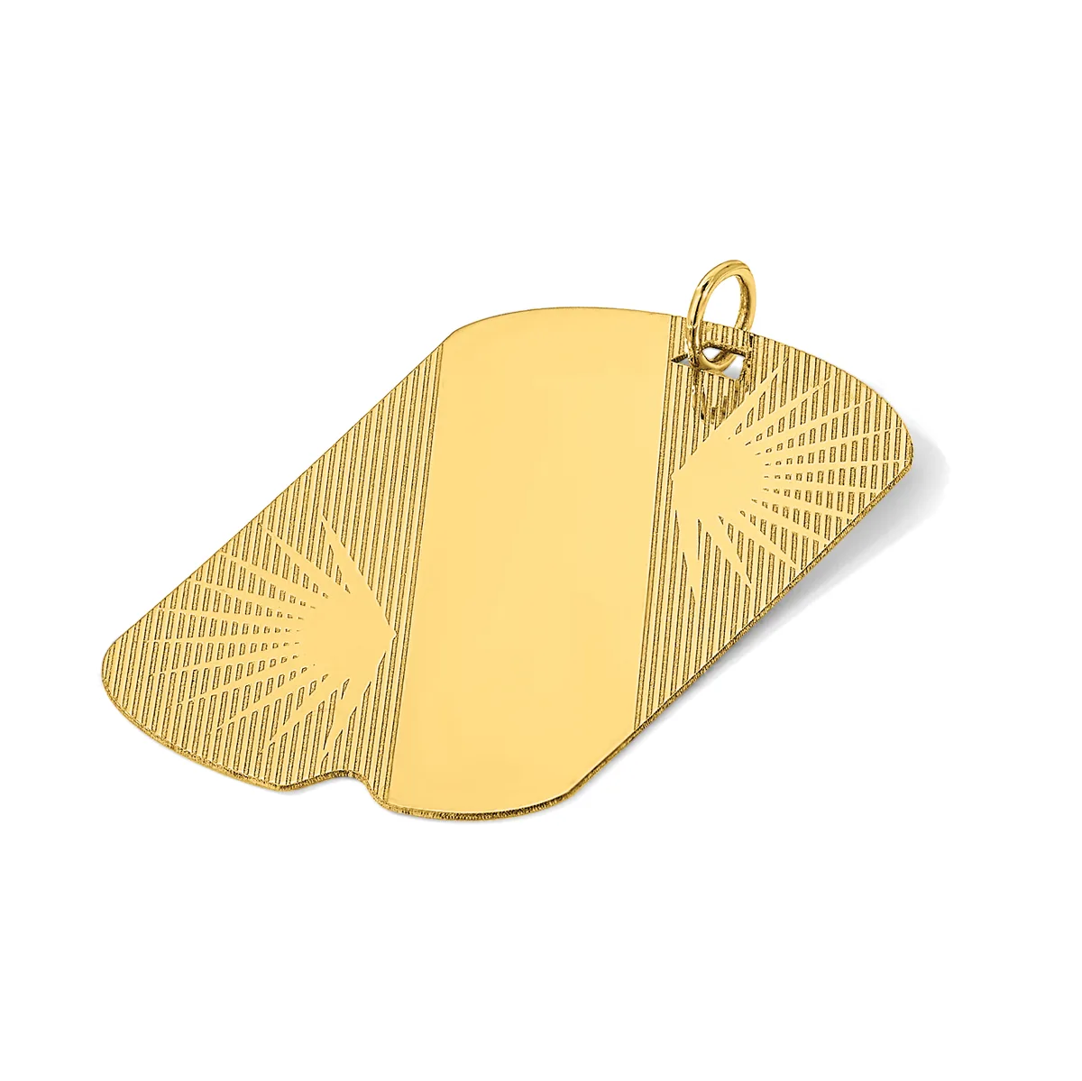 A gold-colored rectangular pendant with rounded corners and textured wing-like designs on both sides, featuring a small loop at the top for attachment.