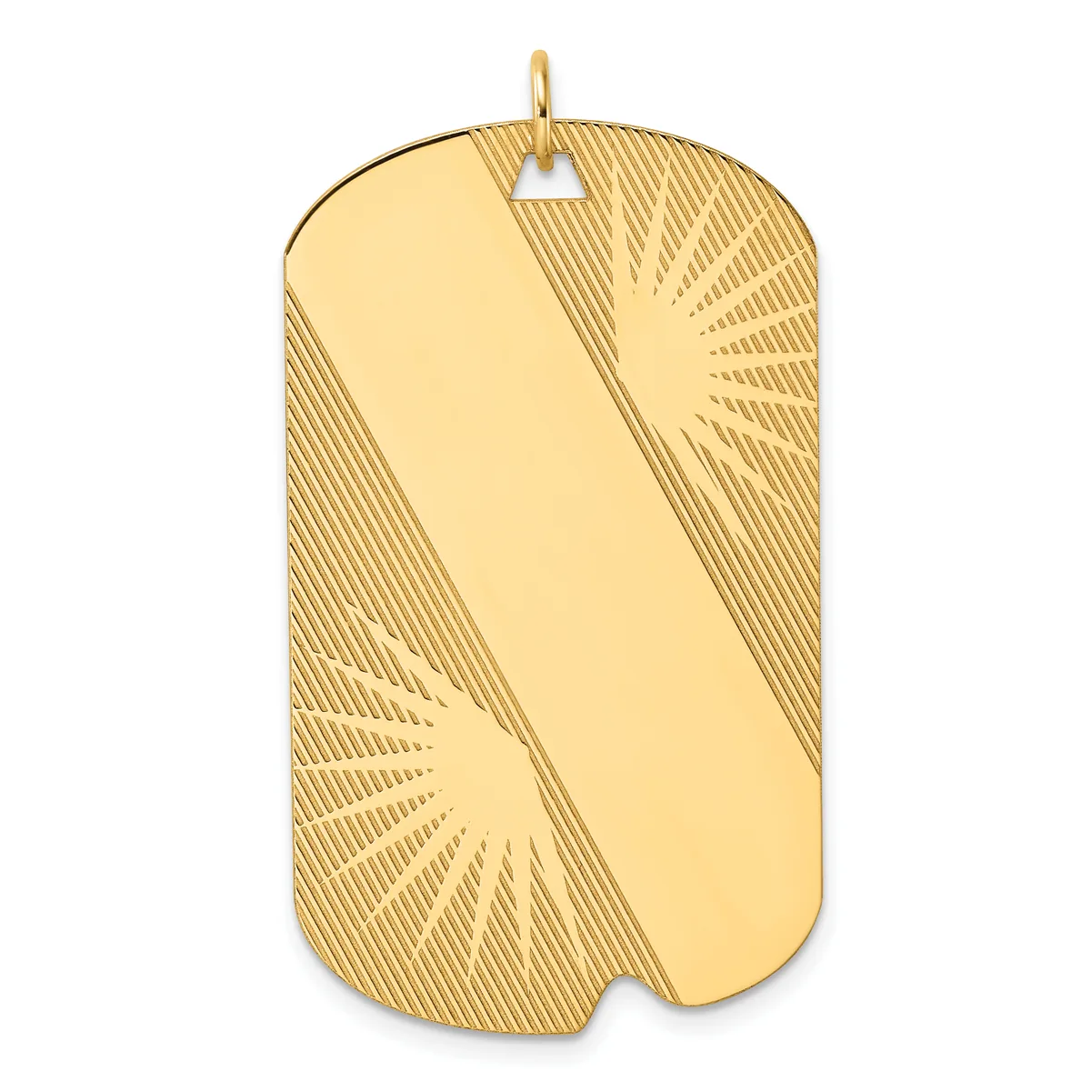 Gold dog tag pendant with radiating line pattern on corners and a small hallmark, suspended from a bail loop.