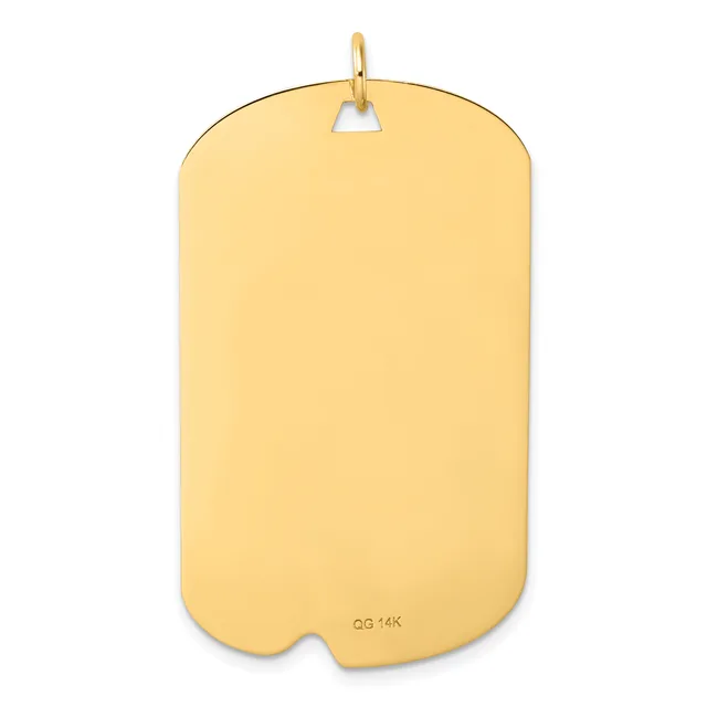 A plain polished gold rectangular pendant with rounded corners and a small triangular bail loop at the top.