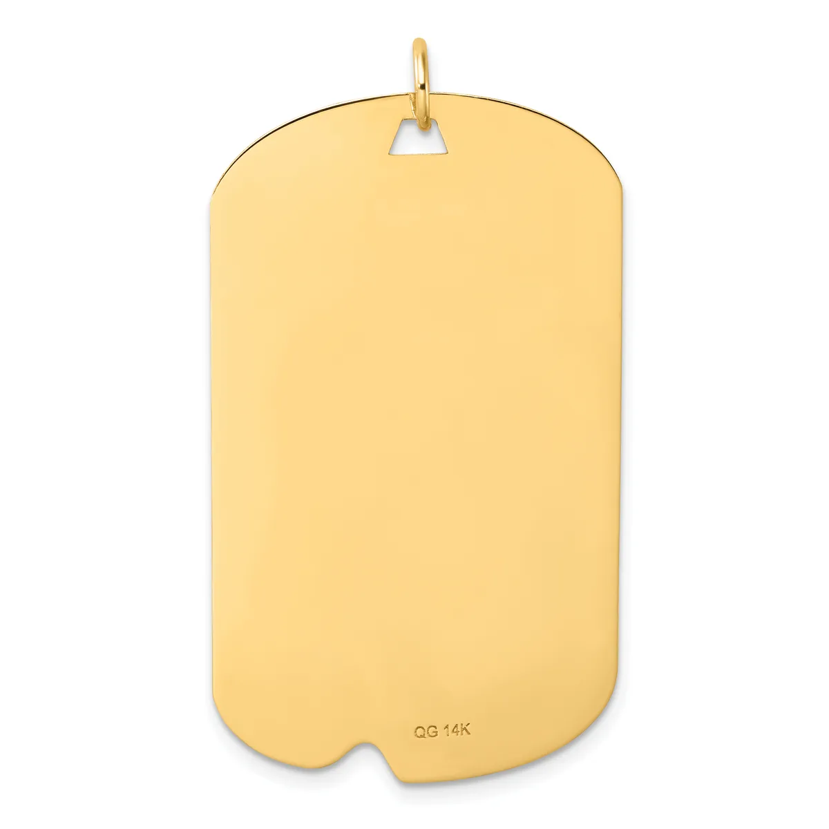 A plain polished gold rectangular pendant with rounded corners and a small triangular bail loop at the top.