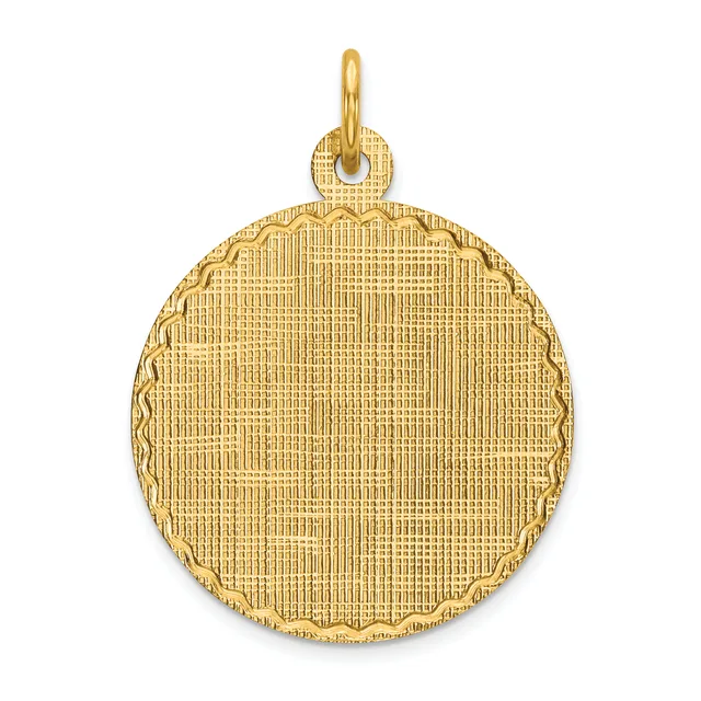 A round gold pendant with a textured crosshatch pattern surface and a decorative scalloped edge, shown suspended from a small bail loop.