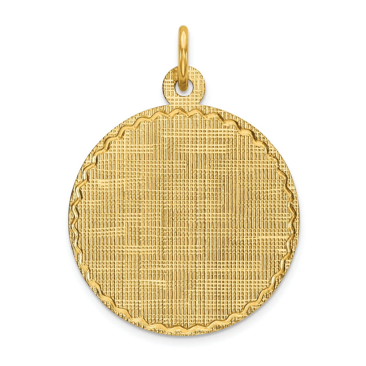 A round gold pendant with a textured crosshatch pattern surface and a decorative scalloped edge, shown suspended from a small bail loop.