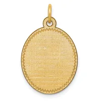 Gold oval pendant with a textured surface and a small loop at the top for hanging on a chain.