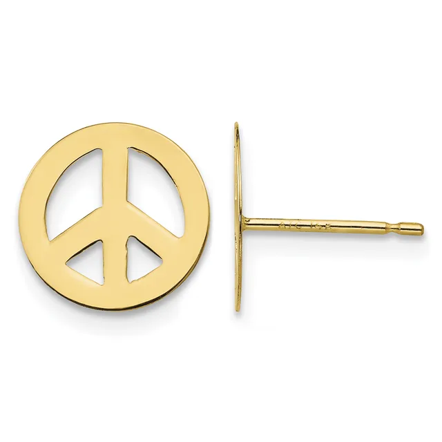 Gold peace sign stud earrings with post and butterfly backs shown from front and side view.