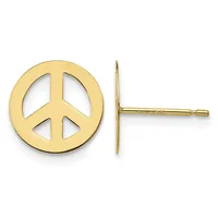 Gold peace sign stud earrings with post and butterfly backs shown from front and side view.