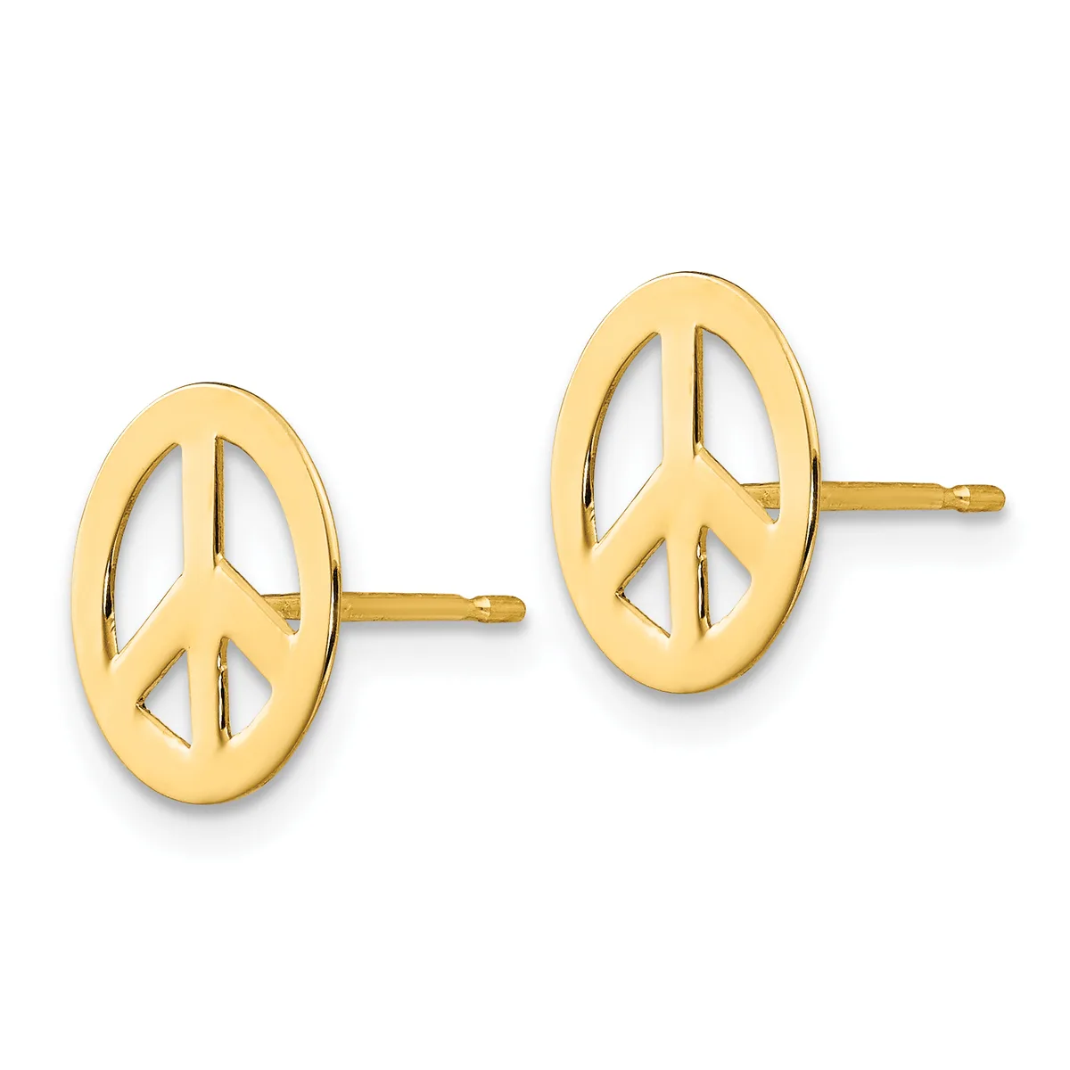 A pair of gold peace sign stud earrings with posts and backs, shown from the front against a white background.