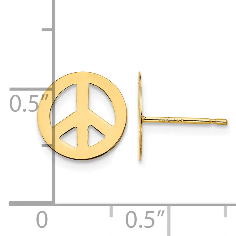 Gold-colored peace sign stud earrings with posts and backs, shown next to a ruler indicating approximately 0.5 inches in diameter.