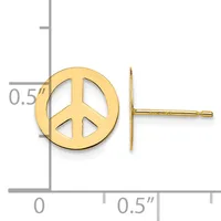 Gold-colored peace sign stud earrings with posts and backs, shown next to a ruler indicating approximately 0.5 inches in diameter.