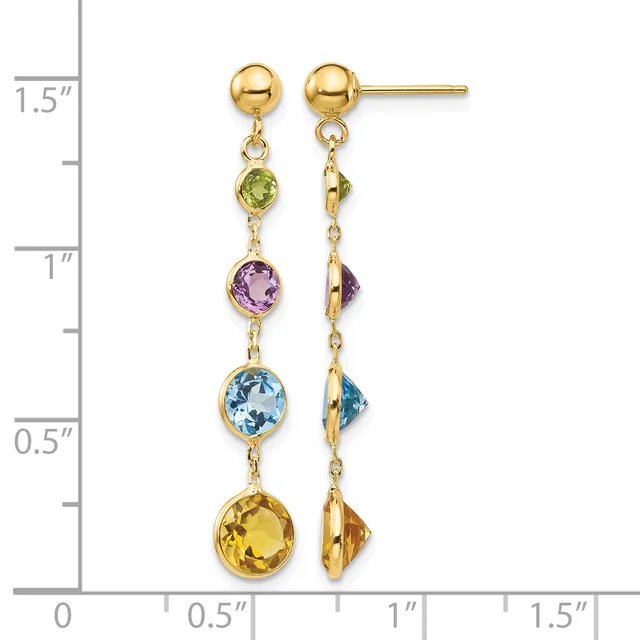 Gold ball stud earrings with dangling gemstones in peridot, amethyst, blue topaz, and citrine arranged vertically, displayed next to a measurement ruler.