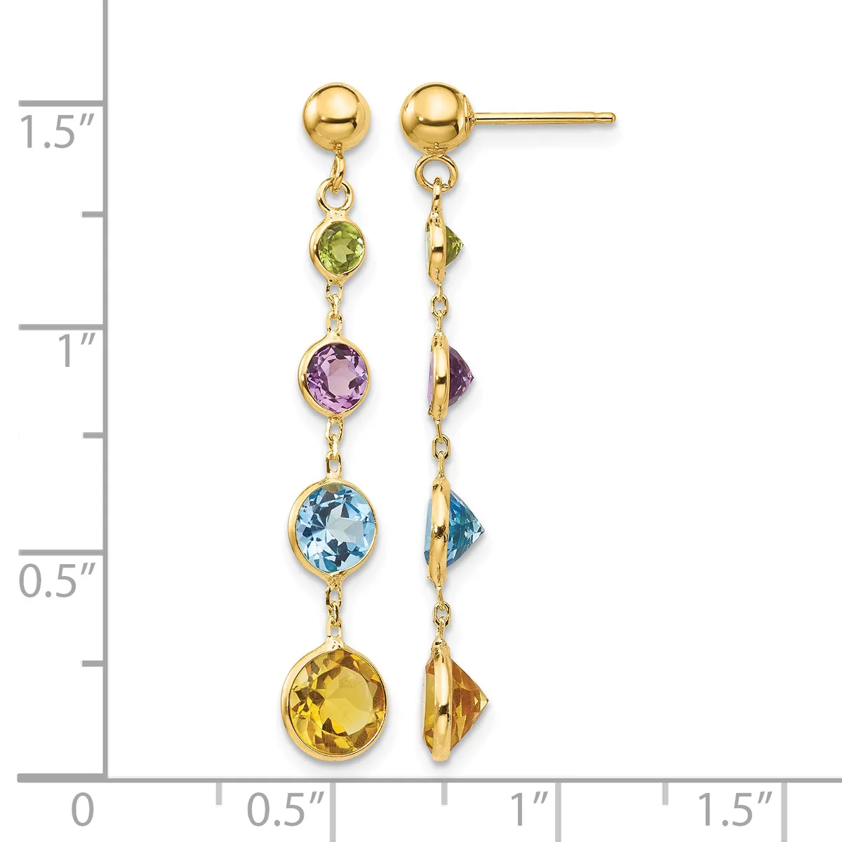 Gold ball stud earrings with dangling gemstones in peridot, amethyst, blue topaz, and citrine arranged vertically, displayed next to a measurement ruler.