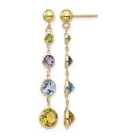 Gold drop earrings with ball studs featuring four dangling gemstones in green, purple, blue, and yellow arranged vertically, shown from front and back views.