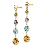 Pair of gold dangle earrings with stud tops, each featuring a chain of four gemstones in graduating colors: yellow-green, purple, blue, and golden yellow.