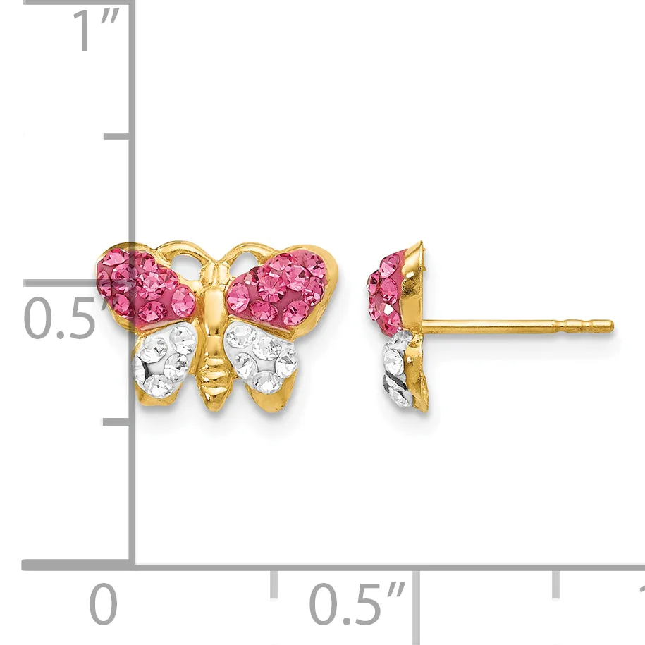 Gold butterfly stud earrings with pink crystal-filled wings on top and clear crystal-filled wings on bottom, shown from front and side views with a ruler indicating approximately half-inch size.