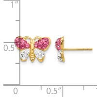 Gold butterfly stud earrings with pink crystal-filled wings on top and clear crystal-filled wings on bottom, shown from front and side views with a ruler indicating approximately half-inch size.