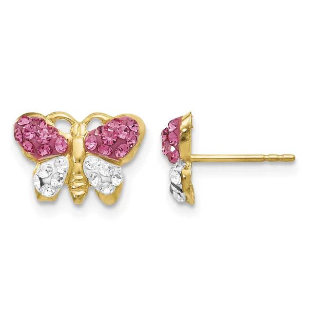 Pair of butterfly-shaped stud earrings with pink sapphires on the upper wings and white cubic zirconia on the lower wings, set in gold-tone metal, shown from front and side views.