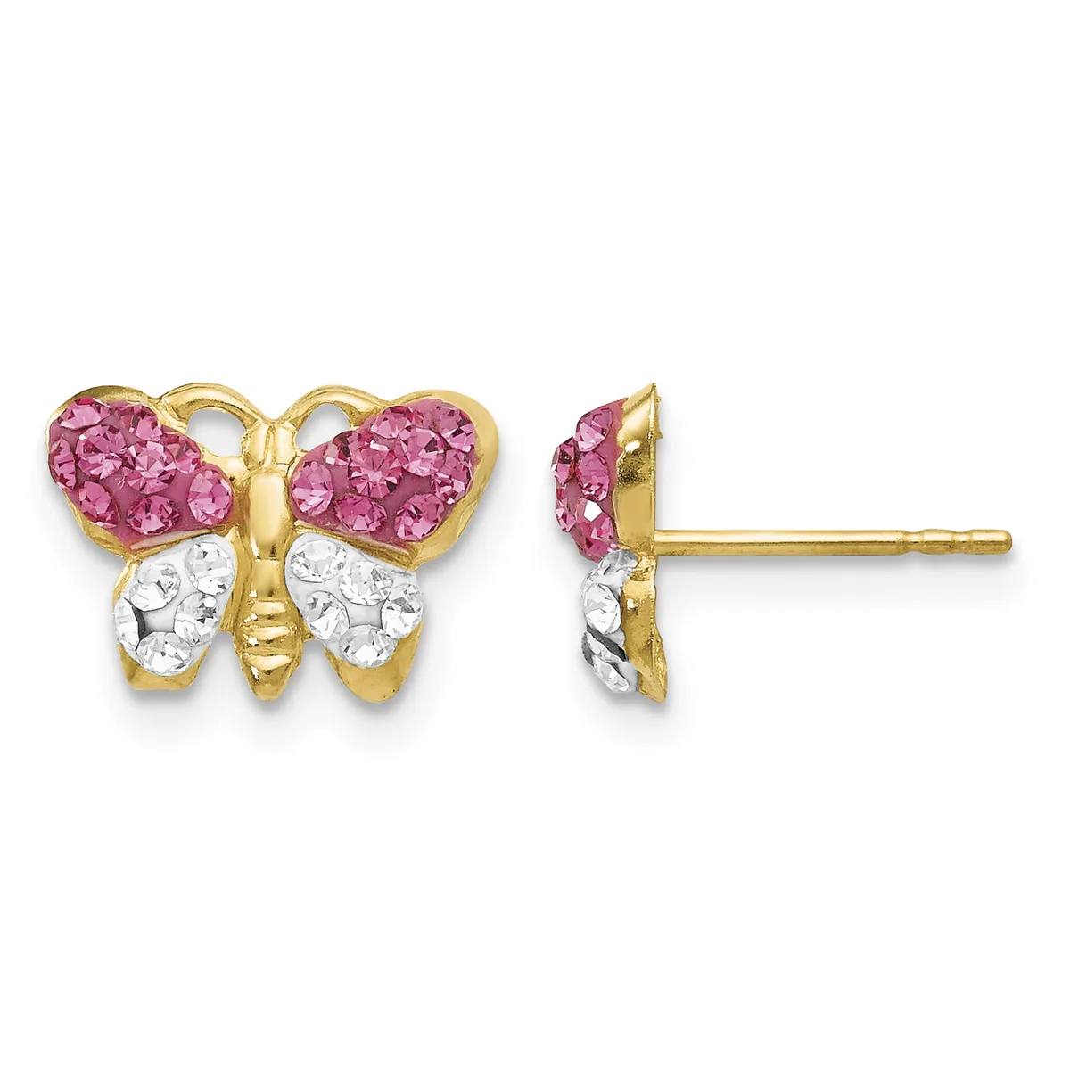 Pair of butterfly-shaped stud earrings with pink sapphires on the upper wings and white cubic zirconia on the lower wings, set in gold-tone metal, shown from front and side views.