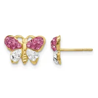 Pair of butterfly-shaped stud earrings with pink sapphires on the upper wings and white cubic zirconia on the lower wings, set in gold-tone metal, shown from front and side views.
