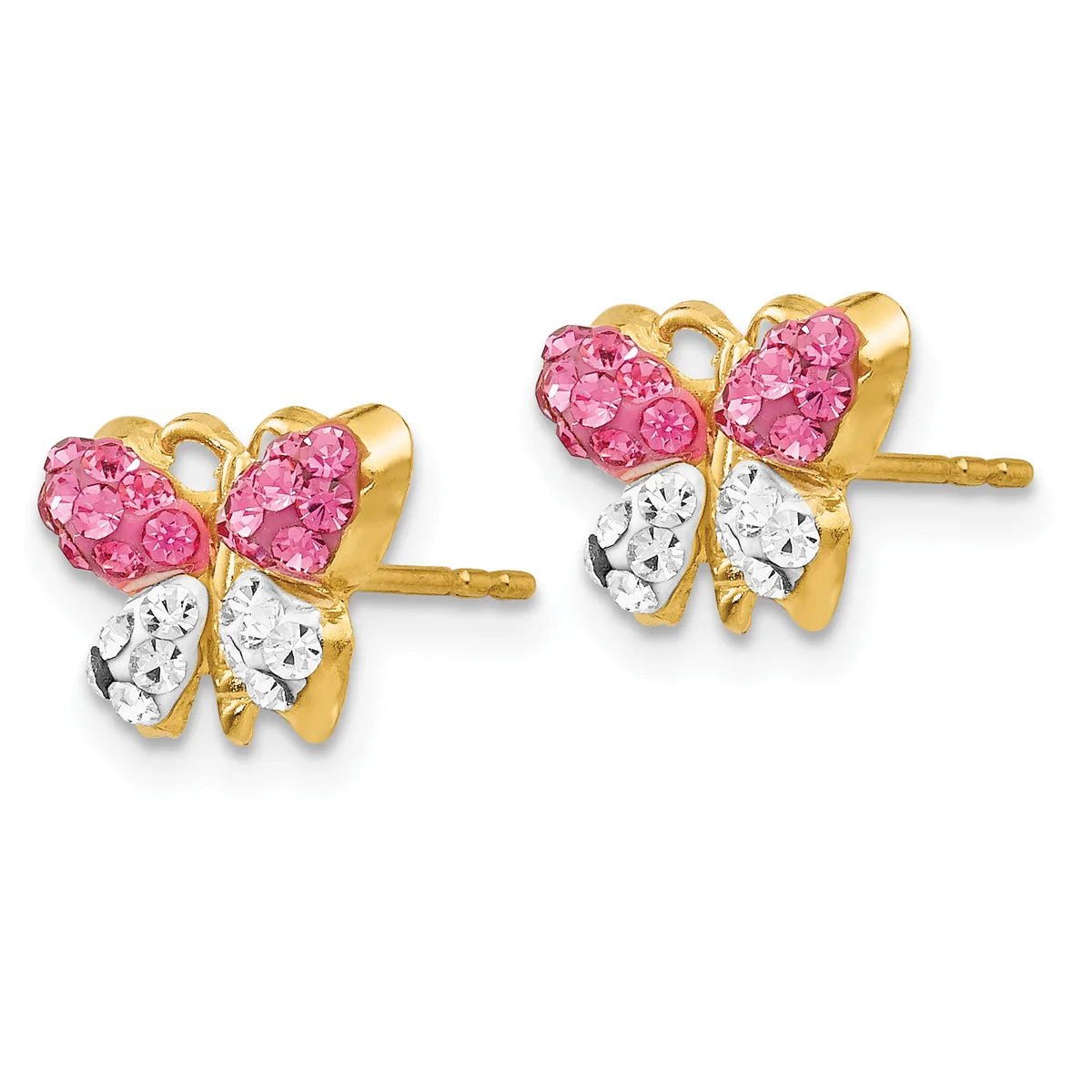Pair of gold butterfly stud earrings with pink and clear crystals, shown from front and back angles.