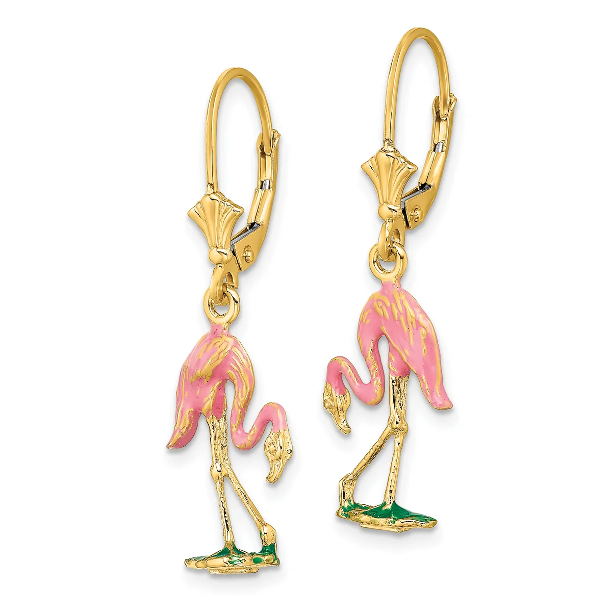 A pair of gold leverback earrings featuring pink enameled flamingo charms with gold-tone legs and green enameled feet.