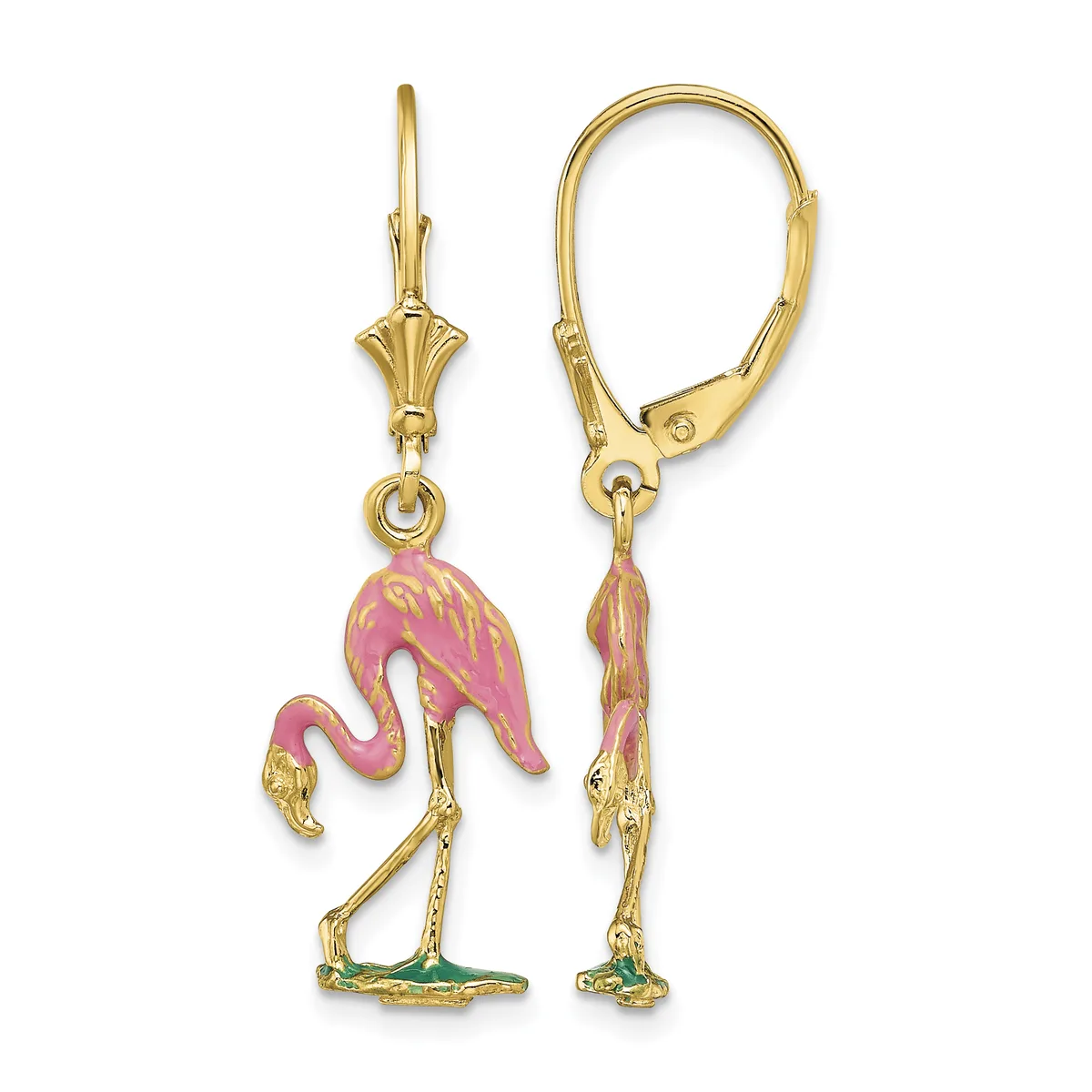 Pair of gold-toned lever-back earrings featuring pink and green enameled flamingo charms with articulated legs.