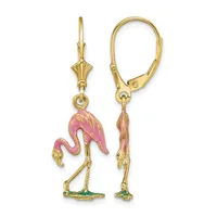 Pair of gold-toned lever-back earrings featuring pink and green enameled flamingo charms with articulated legs.