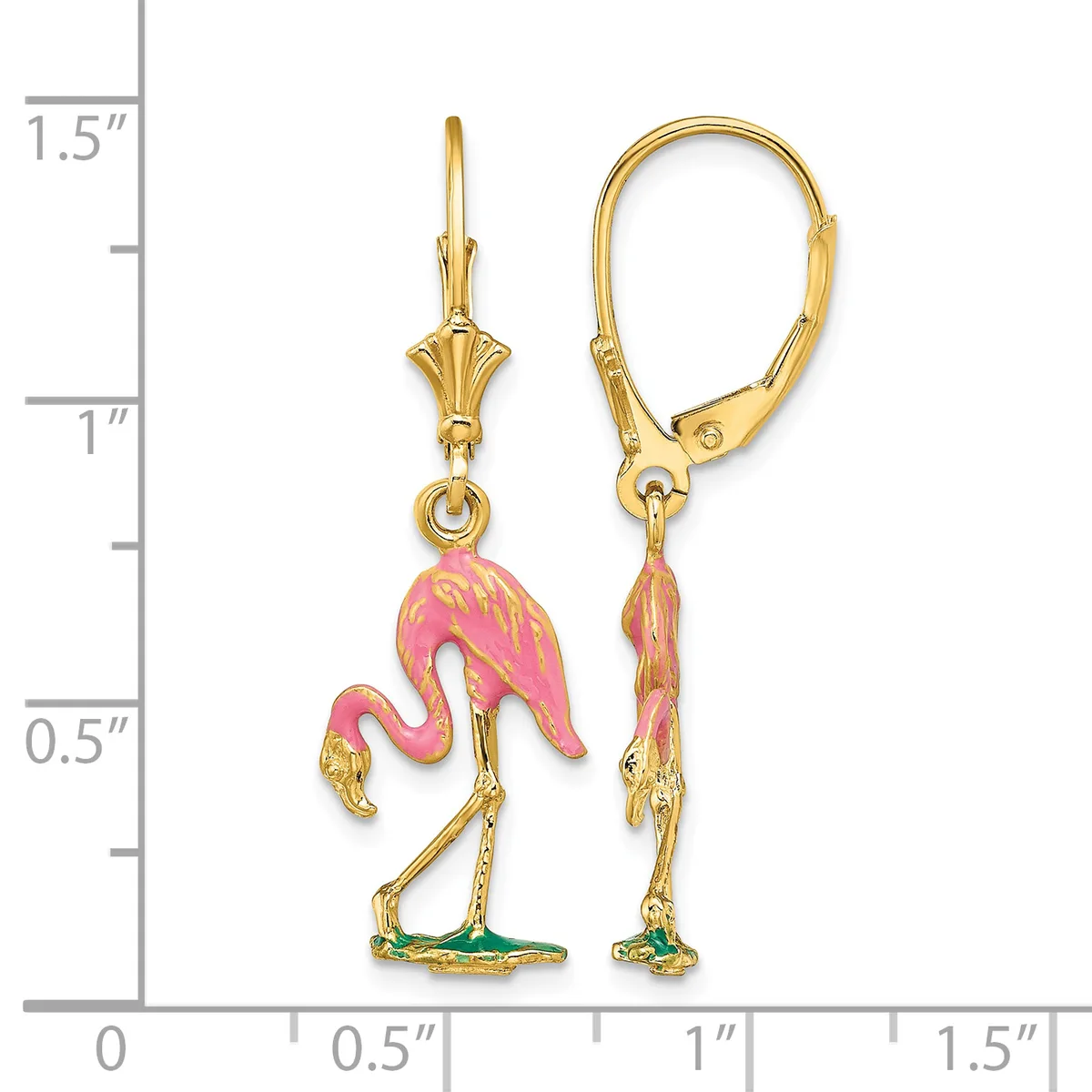 Pair of gold-tone flamingo earrings with pink enamel bodies, green enamel bases, and lever-back closures, shown against a measurement scale.