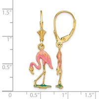 Pair of gold-tone flamingo earrings with pink enamel bodies, green enamel bases, and lever-back closures, shown against a measurement scale.