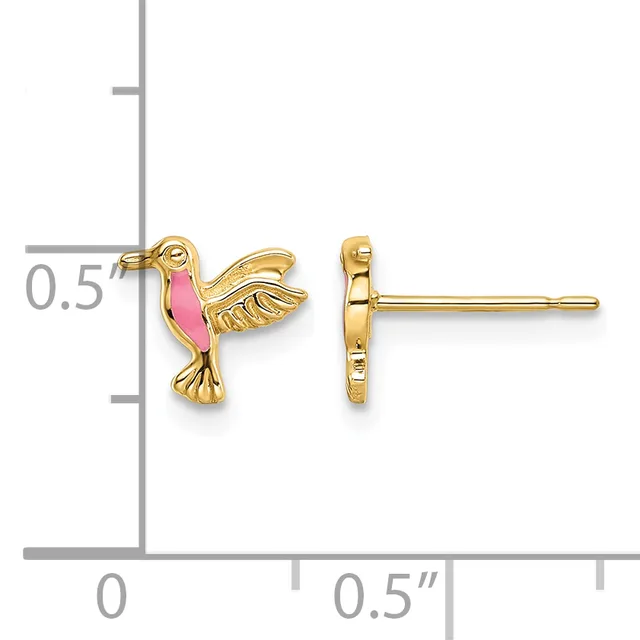 Gold hummingbird stud earrings with pink enamel wings shown front and back view next to a measurement ruler.