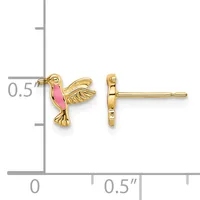 Gold hummingbird stud earrings with pink enamel wings shown front and back view next to a measurement ruler.