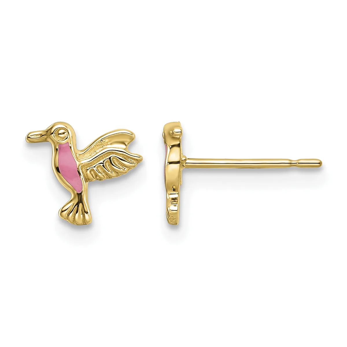A pair of gold hummingbird stud earrings with pink enamel bodies, shown from front and side views.