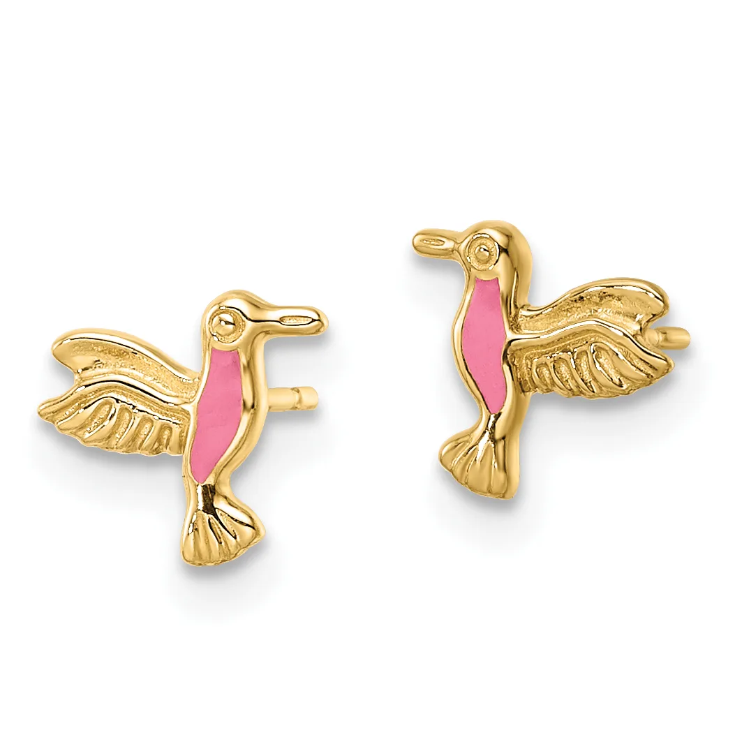 A pair of gold hummingbird earrings with pink enamel breasts and textured wings, shown from the front.