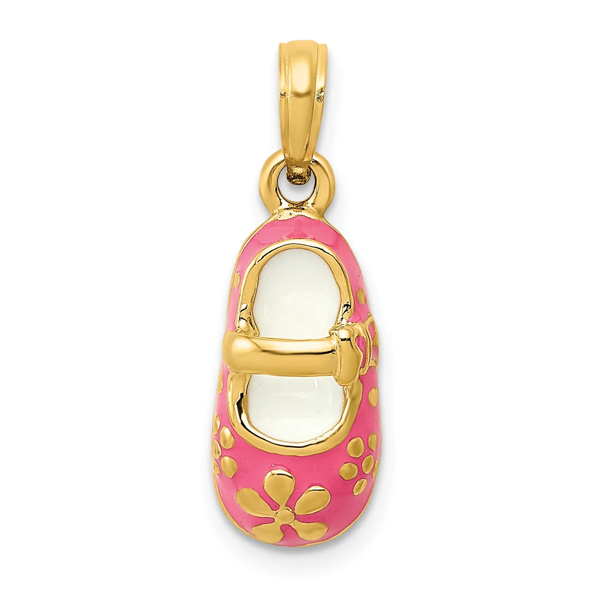 A gold pendant in the shape of a pink baby shoe with gold accents, enamel details, and a gold bail at the top.
