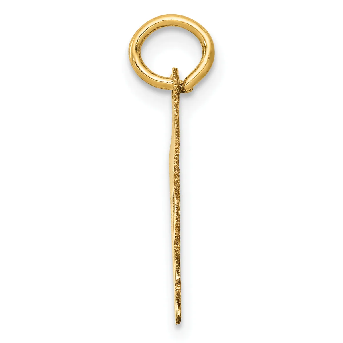A gold-colored metal hook with a loop at the top and a long shaft with a textured finish, shown against a white background.