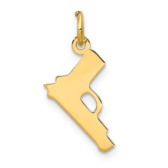 Gold-colored pendant shaped like a handgun with a rectangular cutout in the grip area, suspended from a looped bail.