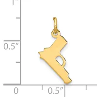 Gold-colored gun-shaped pendant with a loop at the top, shown next to a ruler indicating approximately half an inch in length.