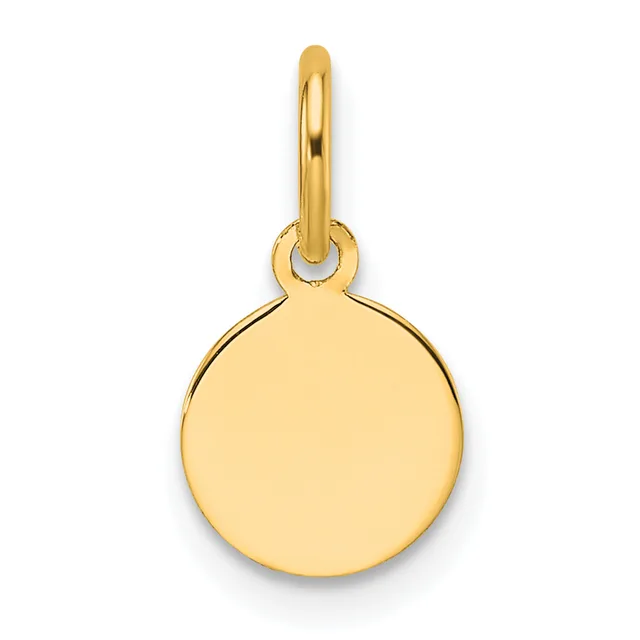 A polished gold circular pendant with a small loop at the top, suspended from a gold bail connector.