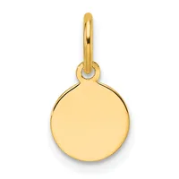 A polished gold circular pendant with a small loop at the top, suspended from a gold bail connector.