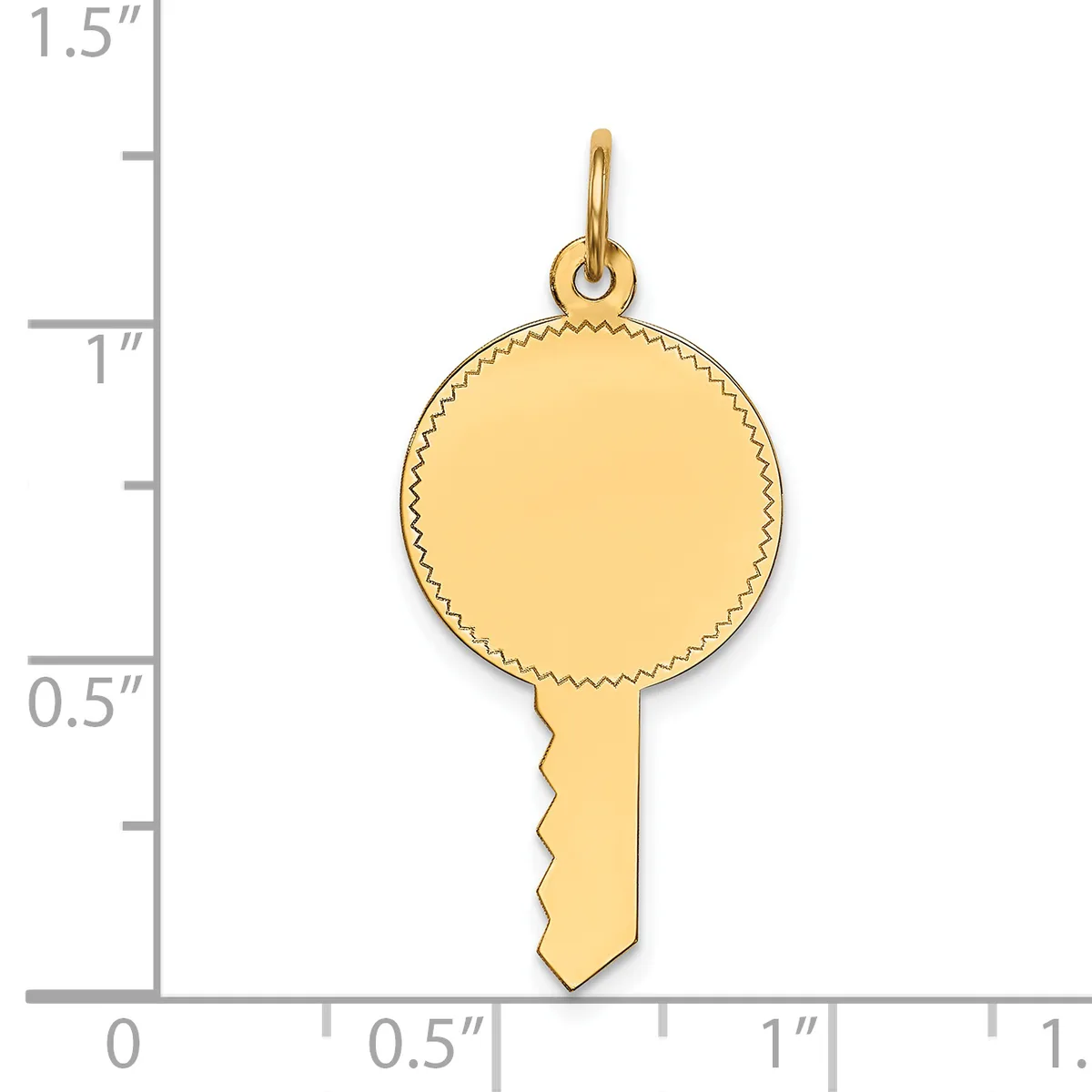 Gold-colored round pendant with a decorative beaded edge and an attached key-shaped bail, shown next to a ruler measuring approximately 1.25 inches in total length.