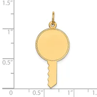 Gold-colored round pendant with a decorative beaded edge and an attached key-shaped bail, shown next to a ruler measuring approximately 1.25 inches in total length.