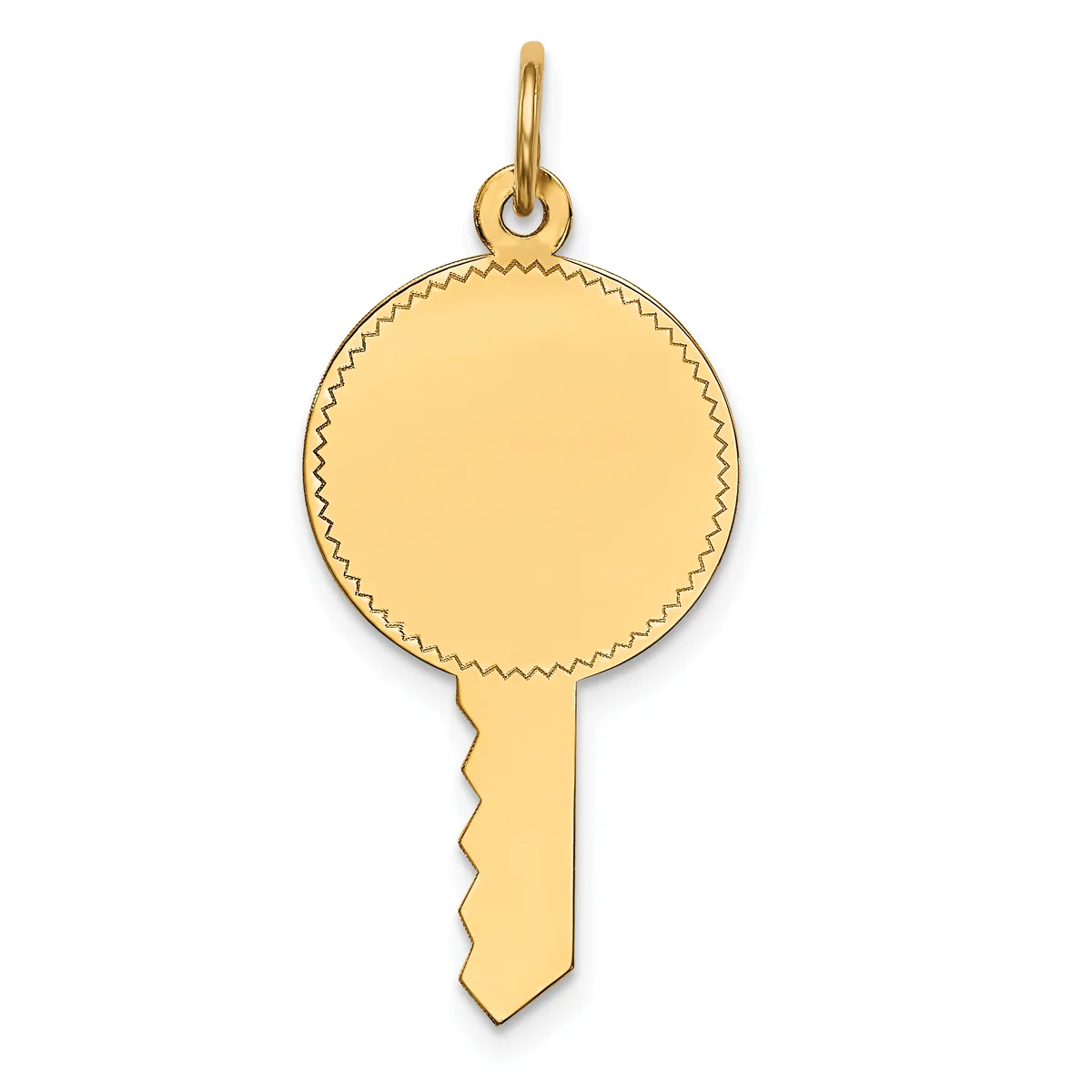 A gold-colored key-shaped pendant with a round looped top and rectangular shaft, featuring a decorative scalloped edge detail throughout.