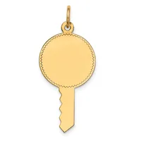A gold-colored key-shaped pendant with a round looped top and rectangular shaft, featuring a decorative scalloped edge detail throughout.