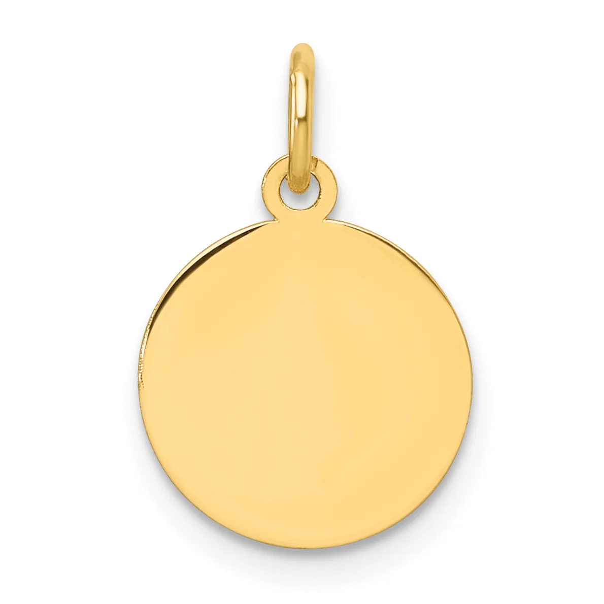 A polished gold circular pendant with a smooth dome surface hanging from a small gold loop and bail.