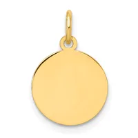 A polished gold circular pendant with a smooth dome surface hanging from a small gold loop and bail.