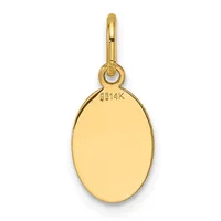 A polished oval gold pendant with a small stamped hallmark, suspended from a matching gold bail loop.