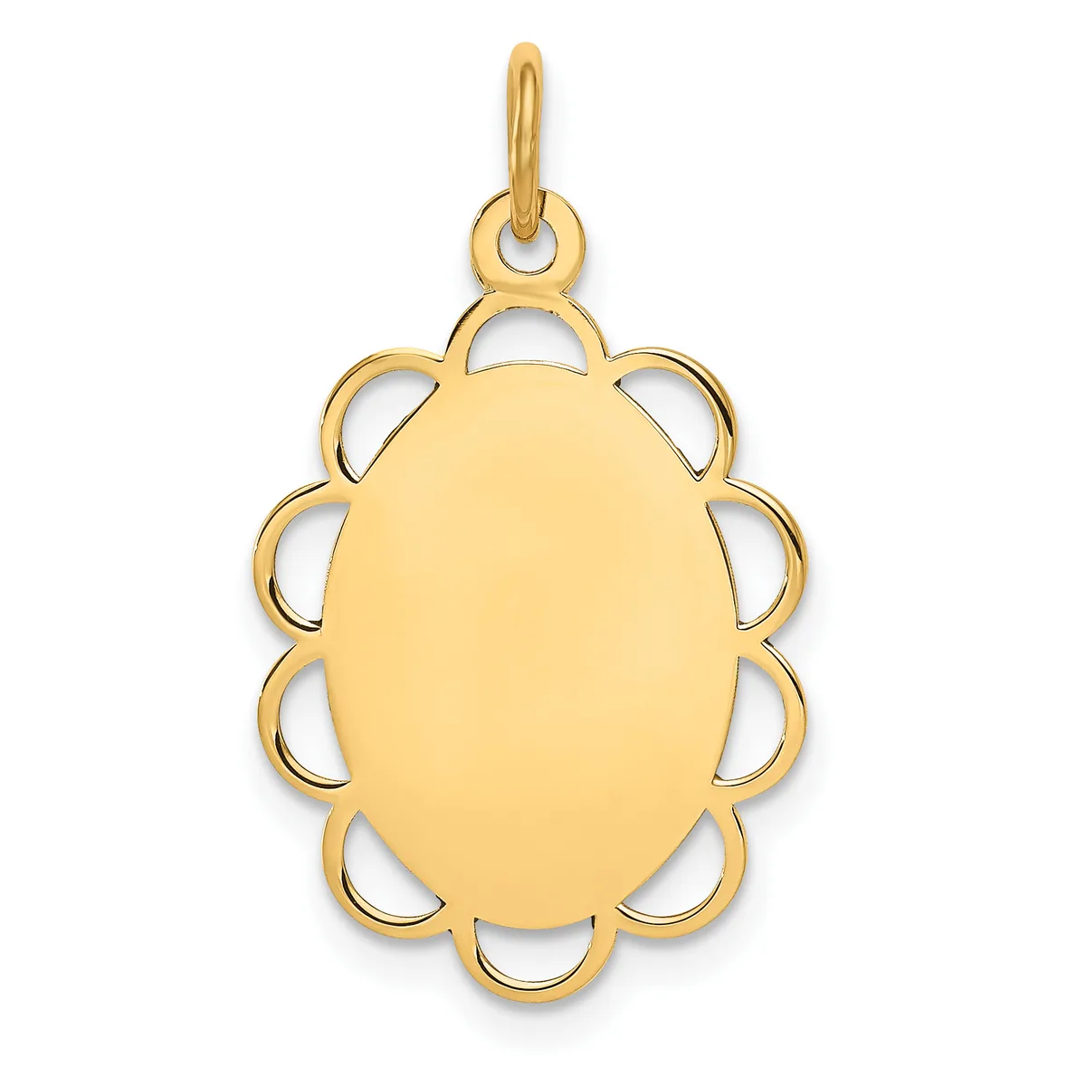 A gold pendant with an oval polished center surrounded by a scalloped edge with cutout loops, suspended from a small bail loop.