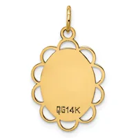 A gold pendant with an oval center surrounded by a scalloped circular border and a small loop at the top for hanging, shown against a white background.