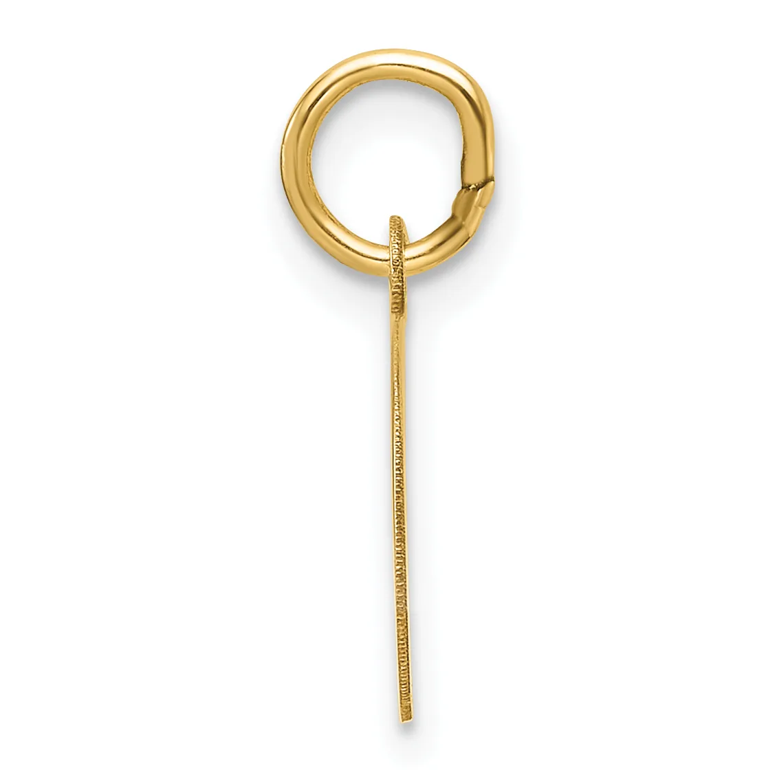 A gold hoop earring with a hinged post and a thin dangling chain attached below it, displayed against a white background.