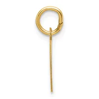 A gold hoop earring with a hinged post and a thin dangling chain attached below it, displayed against a white background.